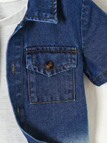 Áo sơ mi denim xanh trắng ombre thời trang dạo phố vui tươi & quần short denim xanh trắng ombre, bộ đồ denim thường ngày ôm vừa vặn cho bé trai/bé trai - Xanh và trắng - Xem 7