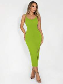 Sirith Seamless Knit Black Midi Dress With Built-In Figure-Flattering Jumpsuit - Lime Green - View 5