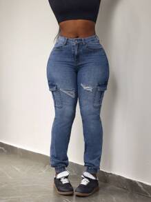 Slaydiva Women's Casual Distressed Skinny Denim Cargo Jeans - Blue - View 2