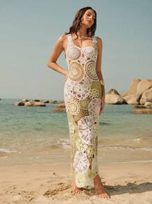 Anewsta 女士钩针编织长款连衣裙，女士沙滩度假装，吊带，多色花卉图案，春夏款