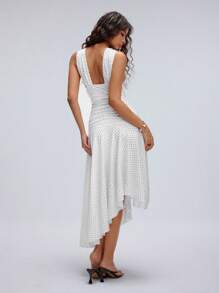 Flirla 1 chiếc váy midi thường ngày chấm bi đen trắng cổ chữ V sâu cho nữ, vừa vặn, màu trắng, xếp ly viền đuôi cá, kỳ nghỉ hè - Đen và trắng - Xem 2