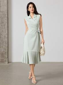 Heiryn Vestido elegante de verano de mujer con diseño envolvente y bajo plisado en un solo color