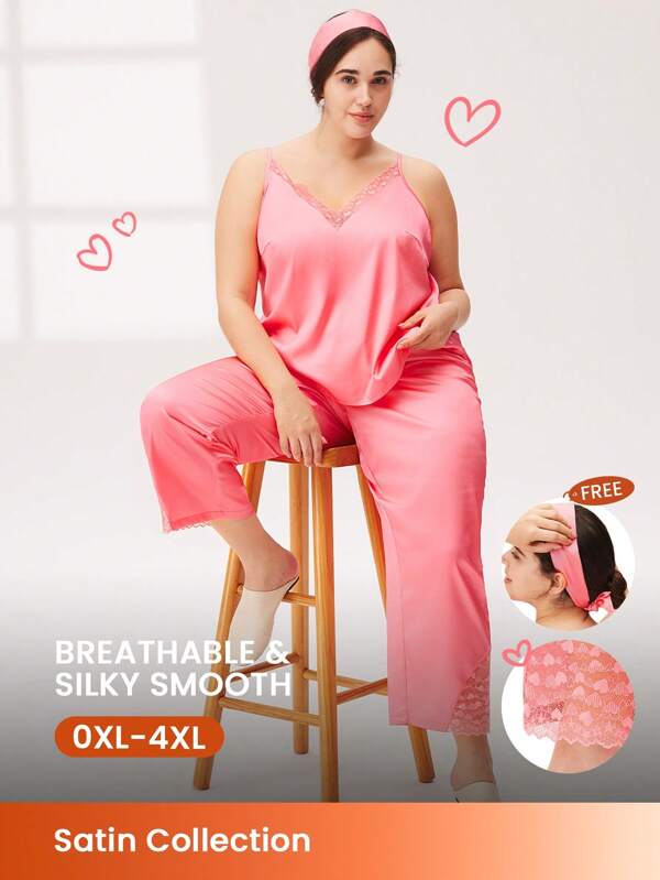 LUVLETTE Große Größen Damen Satin Pyjama Set mit Herz-Spitzenbesatz, luftig, Loungewear Set, Lingerie mit kostenlosem Haarband, Braut Wäsche