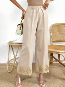 SHEIN Clasi Women Embroidered Hem Solid Color Straight Leg Pants Fall Cloth For Women - Apricot - View 5