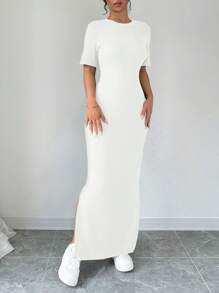 Selianne 女士V领开衩纯色短袖长裙女装 - 米色 - 查看 4