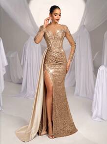 Glamrae Elegante y lujoso vestido con cola de pez, con abertura lateral, con parches de encaje, satín y lentejuelas bordadas, con volantes, adecuado para bodas, fiestas, eventos y banquetes (versión resistente), formal, vestido de noche, para invitados de boda