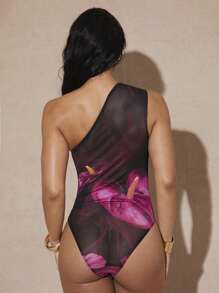 Silquee 春夏服装温暖红色花卉，粉色红掌印花，虎百合印花网眼不对称领口褶皱性感黑色花卉紧身衣 - 玫紅色 - 查看 2