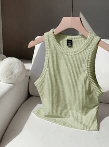 Comfortcana Áo hai dây chải gân màu trơn dành cho nữ, thích hợp mặc hàng ngày - Màu xanh Bạc hà - Xem 5