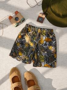 SHEIN Explorewe Pantaloni scurți imprimați cu design de camuflaj Maple Leaf, O alegere la modă și unică potrivită pentru școală, ieșiri, toate anotimpurile