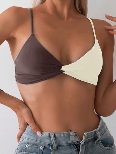 Swim Vcay Top de bikini con nudo retorcido de color contrastante para mujer, adecuado para verano, playa, vacaciones