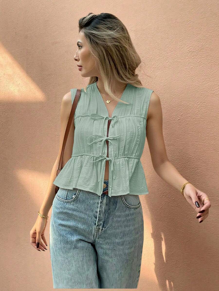 SHEIN Frenchy 女士无袖纯色休闲衬衫，适合夏季 - 水鴨藍 - 查看 1