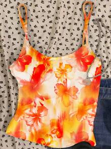Teens Girls Floral Print Cropped Spaghetti Strap, Summer - Orange - View 1