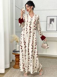 Yasmyna Women's Elegant Floral Print Notched Neck Loose Dress, Modest - Multicolor - View 4