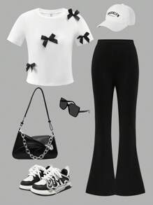 少女休闲优雅图案 T 恤套装，黑白撞色蝴蝶结装饰圆领 T 恤和喇叭长裤，适合度假、上学、春夏季 - 黑色 - 查看 1