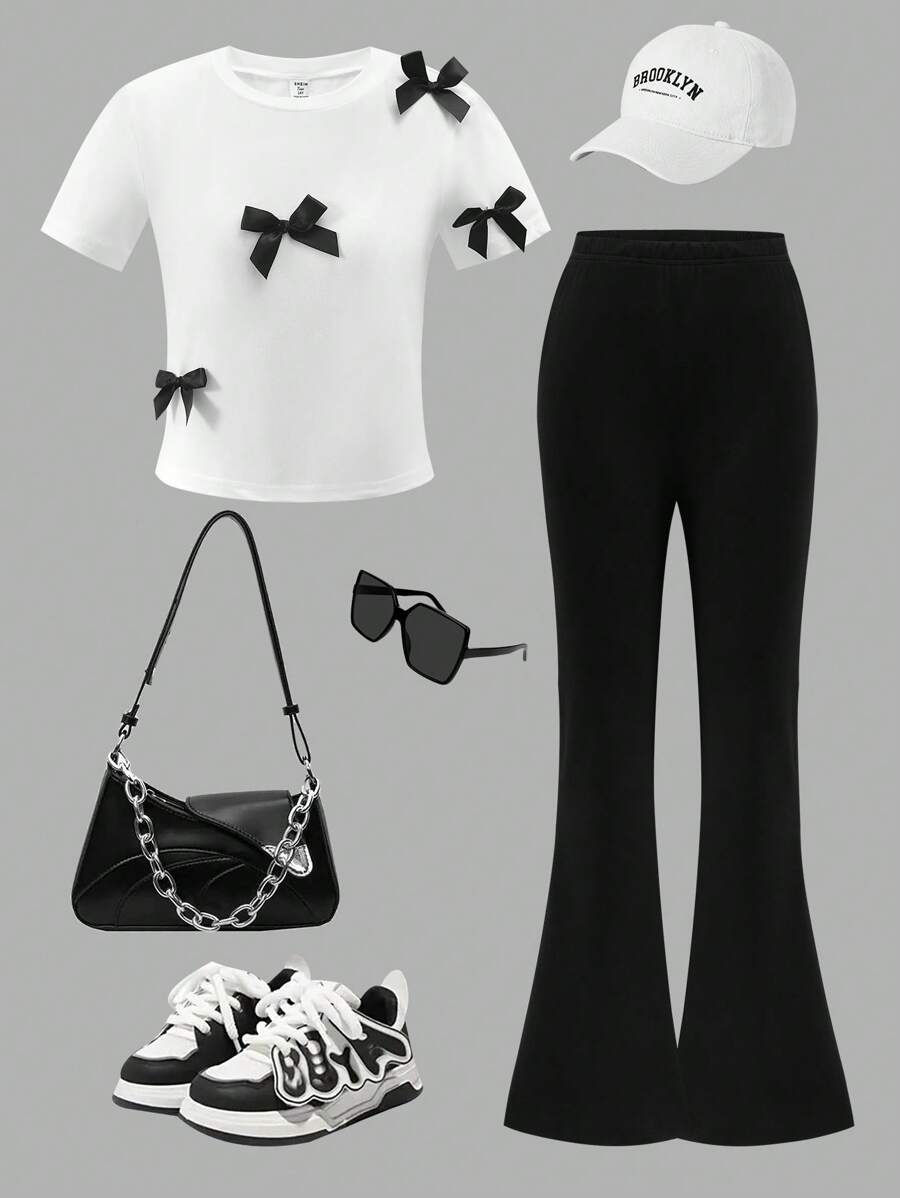 少女休闲优雅图案 T 恤套装，黑白撞色蝴蝶结装饰圆领 T 恤和喇叭长裤，适合度假、上学、春夏季 - 黑色 - 查看 1