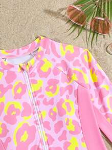 SHEIN 少女豹纹长袖连体泳衣（含短裤） - 粉色 - 查看 5