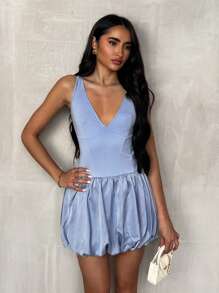 Glamine Abito corto casual da donna con scollo a V, vita arricciata, tessuto riflettente, stile minimalista per il business