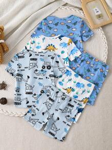 6pcs/Set Boy Pajamas - Cartoon Galaxy & Ocean Animal Print Snug Fit T-Shirt And Shorts Set, Toddler Boys