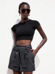 Aveloria Modichic Shorts casuales de cintura alta y piernas anchas de corte estilizante con diseño de lazo en la cintura, estilo calle para uso diario