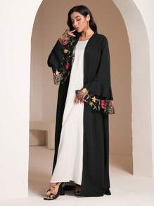 Al Najma 女士纯色长袖阿拉伯长袍，时尚设计，适合夏季，朴素长袍 - 黑色 - 查看 2