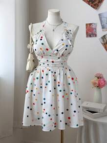 Flirla Plus Size Polka Dot Print Halter Backless Casual Summer Dress - White - View 5