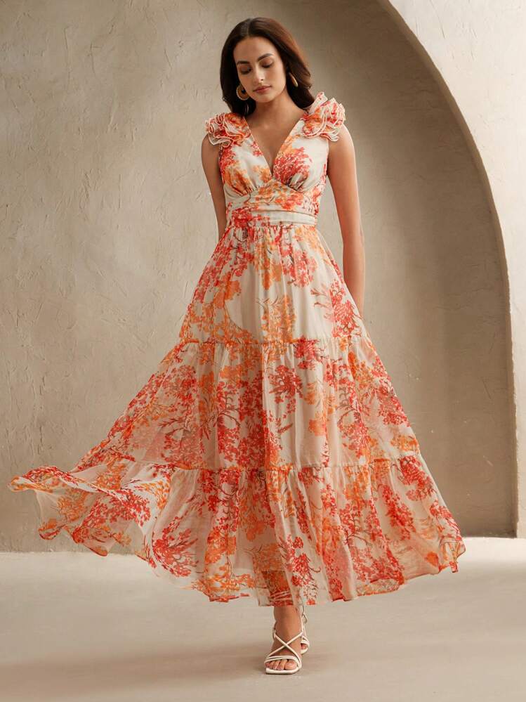 Anewsta Vestido maxi de mujer con cuello en V profundo, sin mangas, de gasa de alta gama con estampado de hojas de arce retro, bajo con volantes, silueta estilizadora de la cintura, nueva llegada del verano 2025 - Naranja Coral - Añade 3