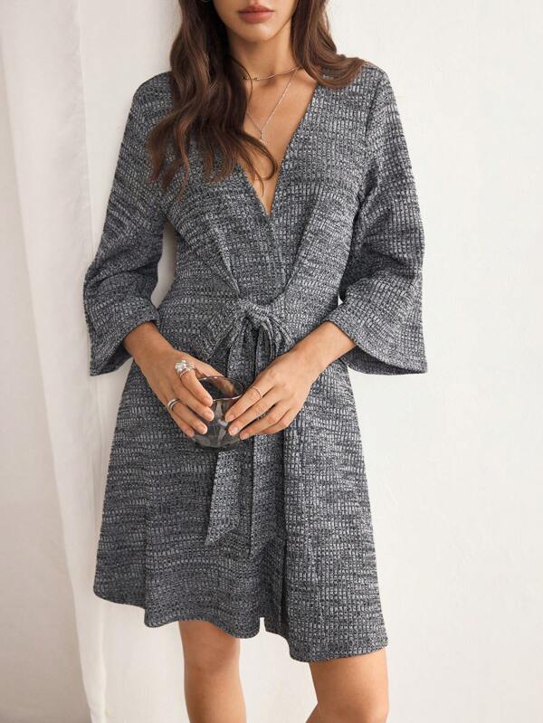 Lazeform Women's Casual Textured Jacquard Gray 3/4 Sleeve Front Tie Bow Robe, Loungewear