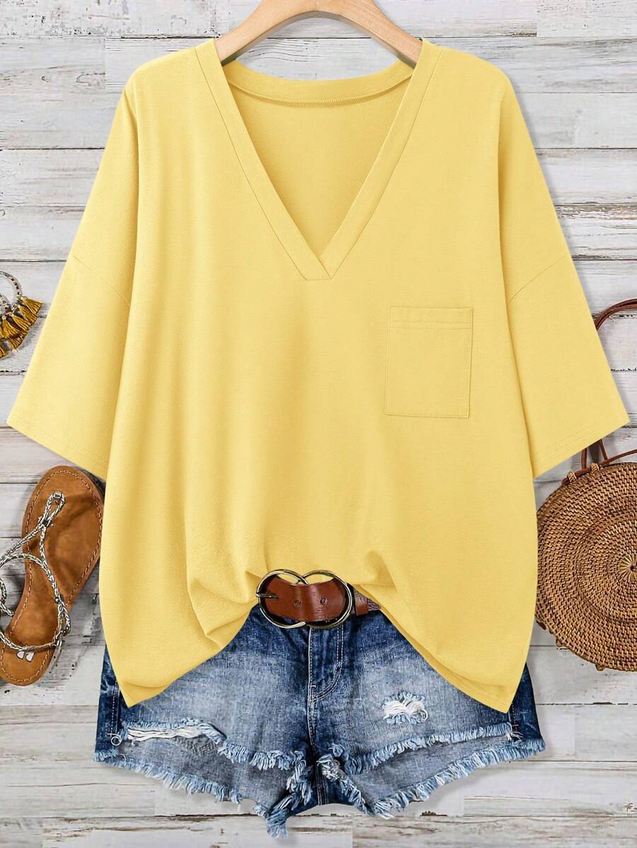 SHEIN LUNE Green Plus Size Summer Top Women's V-Neck Pocket T-Shirt Cotton - Yellow - View 1