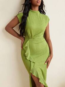 Amiko Summer Green Pleated Knitted Draped Flounce Midi Dress With Mock Neck Women Summer Dress - Green - View 6