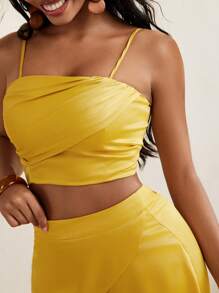 SOPHIA JUDE Golden Satin Overlap Ruching Crop Top Women Summer Outfits