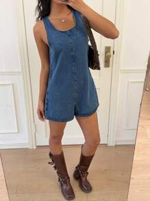 SHEIN PETITE Women's Blue Denim Overalls And Jumpsuits Backless Bow Casual Jumpsuit Outfit Summer Outfits - Light Wash - View 6