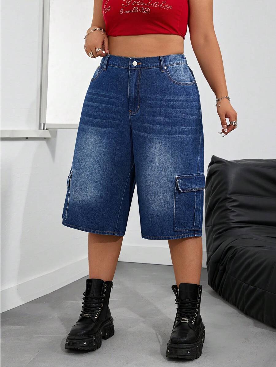 SHEIN ICON Plus Size Women's Cargo Pocket Wide Leg Casual 3/4 Denim Jeans - Blue - View 1