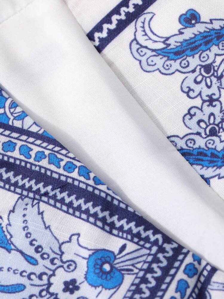 Blue And White Porcelain Pattern Elegant Midi Length Skirt For Women, Summer