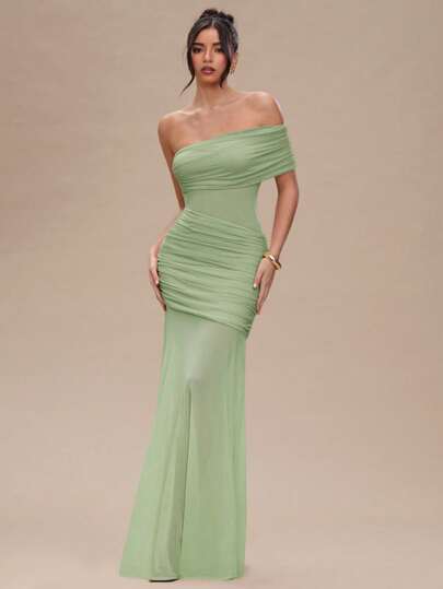 SHEIN BAE Vestido largo, plisado, transparente y sexy de color albaricoque sólido para mujeres, vestidos de verano para mujeres