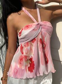 SHEIN EZwear 编织彩色女士夏季挂脖背心，时尚 - 粉色 - 查看 3