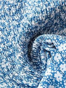 Linhara Plus Size Women's Blue Ditsy Floral Ruffle Trim Belted Short Sleeve Casual Shirt, Elegant Romantic Style, Spring/Summer