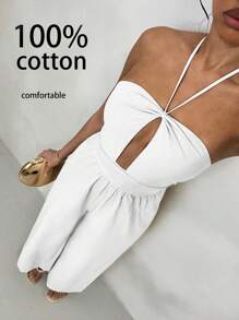 Glamine 女士棉麻舒适优雅度假吊带连体裤 - 白色 - 查看 1