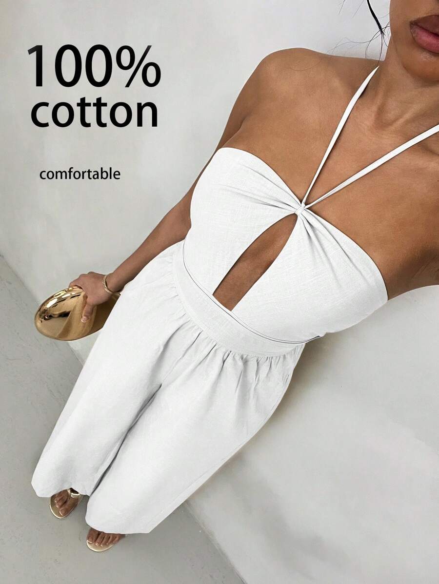 Glamine 女士棉麻舒适优雅度假吊带连体裤 - 白色 - 查看 1