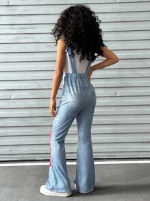 SHEIN Explorewe 少女卡通印花無袖背帶褲，街頭風格