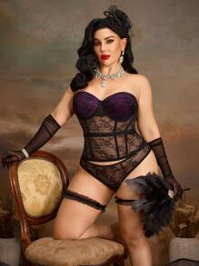 Vintage Palace Satin Lace Fishbone Bodysuit Sexy Plus Size Lingerie - Black - View 2