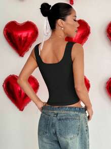 SHEIN PETITE Sexy Square Neck Lace Patchwork Women's Camisole, Form-Fitting Slim Black Tank Top - Black - View 2