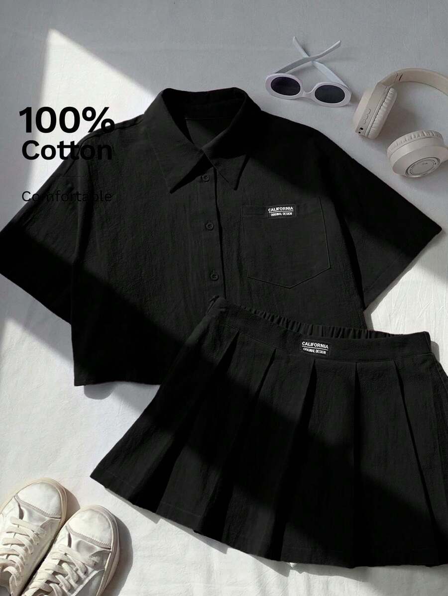 Comfortcana 女士休闲字母贴片短袖衬衫和短裤两件套，黑色，夏季 - 黑色 - 查看 1