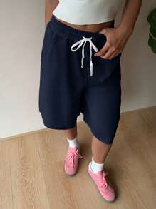 SHEIN EZwear 海军蓝针织宽松阔腿百慕大短裤，夏季 - 藏蓝色 - 查看 5