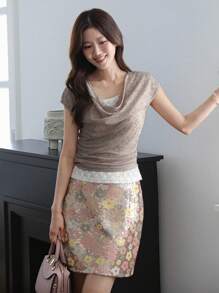 DAZY maglietta elegante da donna per vacanza, collo a barca, in chiffon e pizzo, slim fit
