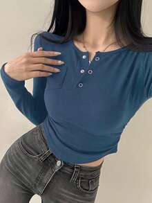 DAZY 女款素色長袖T恤，時尚夏季短版上衣 - 寶藍色 - 查看 6