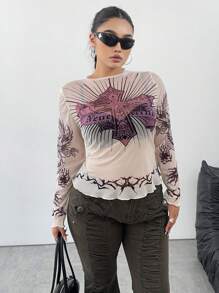POPSWAY Plus Size Women Gothic Rock Dragon Print Mesh See-Through Fitted Base Layer Top, Y2K Baddie Vintage Style Long Sleeve T-Shirt, Spring/Summer - Apricot - View 2