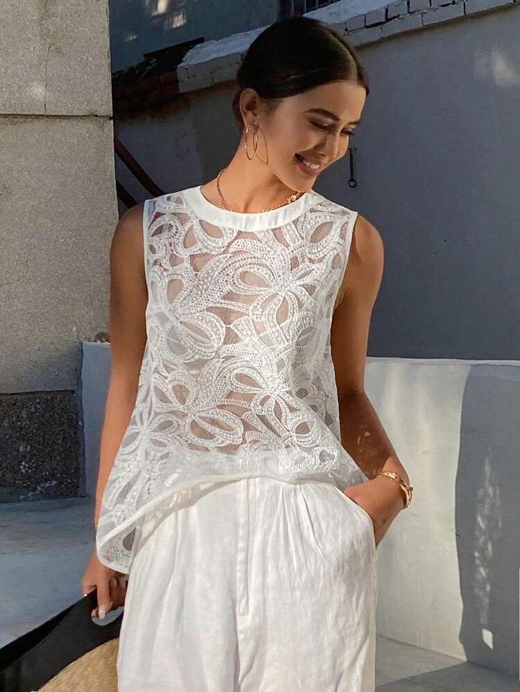 Women's Lace Embroidered Sheer Tank Top, Sleeveless, Suitable For Vacation Or Beach