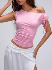 TRNVIE Women's Solid Color 3D Floral Decor Ruched Fitted T-Shirt - Pink - View 6