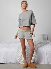 WESTFADE Cute Mid Rise Tie Front Textured Knit Lounge Shorts - Grey - View 11