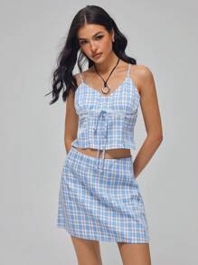 Roylia 女式两件套，编织格子面料，格子图案，多色，合身，深 V 领，细肩带，自系带，正面蝴蝶结，蕾丝花边，胸前荷叶边，收腰，低腰，A 字型，节日，度假，优雅，性感，青少年休闲，通勤，别致，浪漫，可爱，春夏女式短款上衣和低腰迷你裙两件套 - 藍白色 - 查看 1